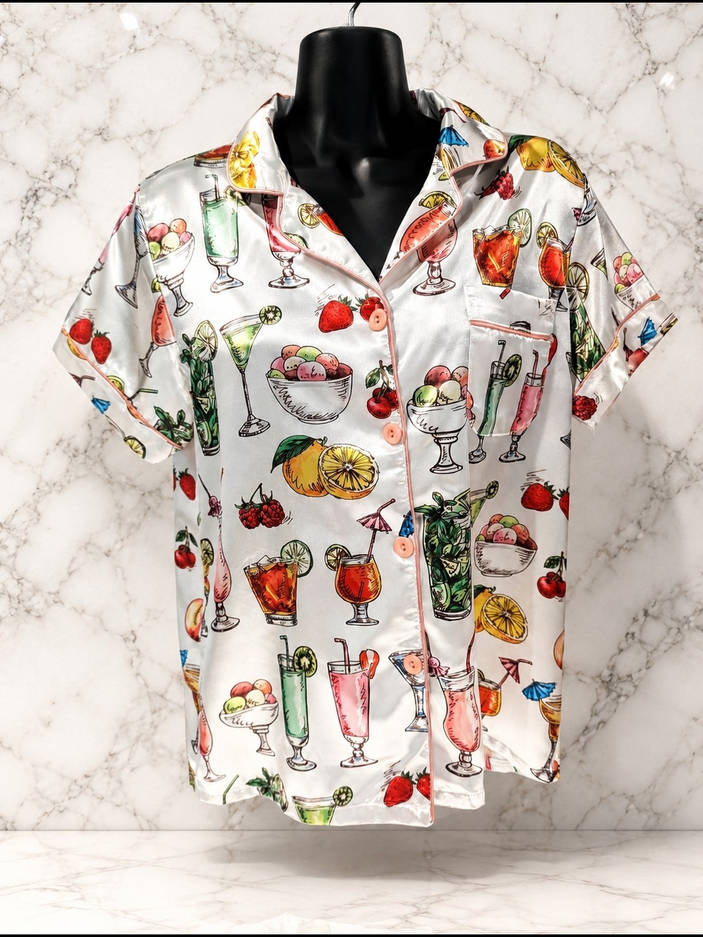 Women's Satin Pajama Top Cocktail & Fruit Print Button Front Sleep Shirt Size M